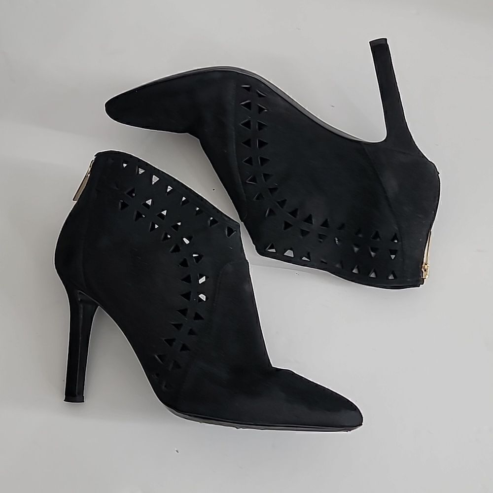 Tamara Mellon Black Suede Laser Cut Ankle Booties.